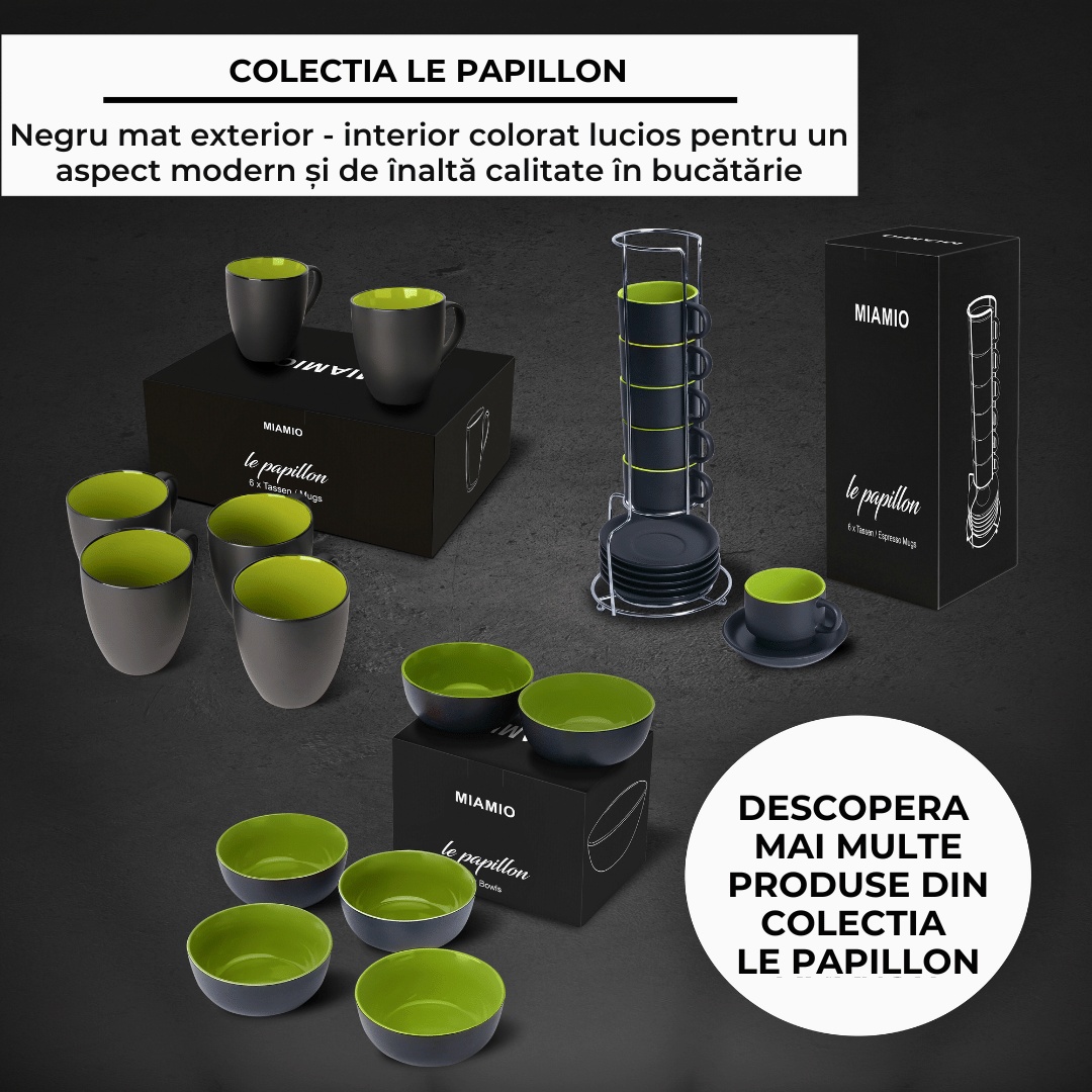 Set 6 Cesti de espresso cu farfurie, colectia Le Papillon, ceramica, verde, 75 ml