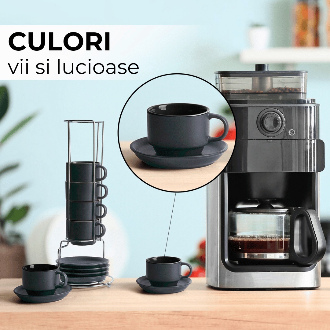 Set 6 Cesti de espresso cu farfurie, colectia Le Papillon, ceramica, negru, 75 ml - 3 | YEO