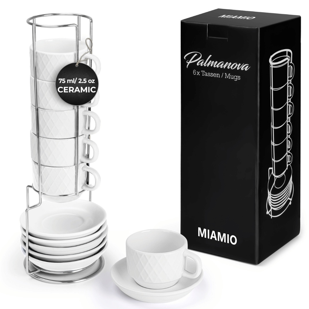 Set 6 Cesti de espresso cu farfurie, colectia Palmanova, ceramica, alb, 75 ml