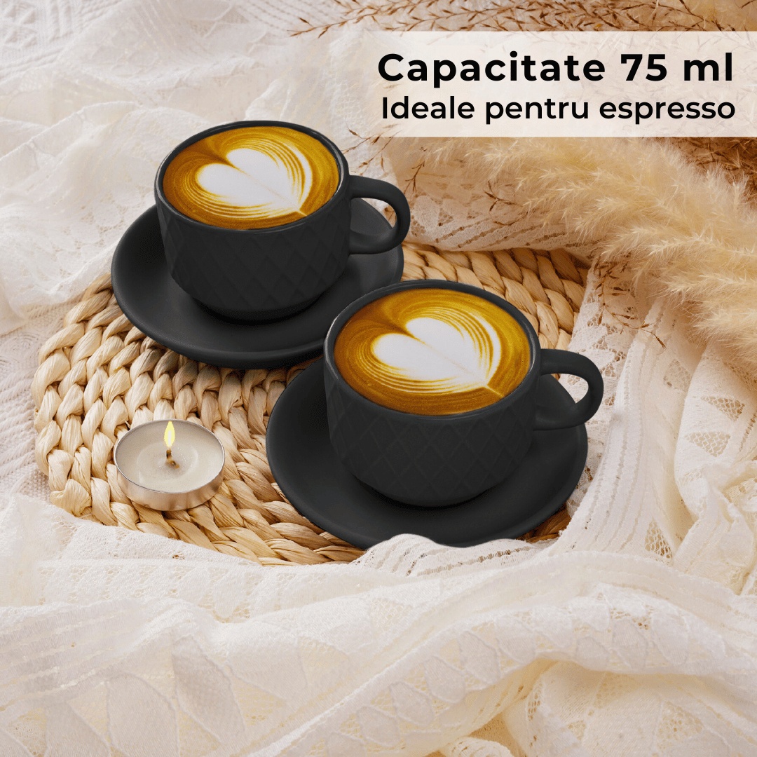 Set 6 Cesti de espresso cu farfurie, colectia Palmanova, ceramica, negru, 75 ml - 1 | YEO