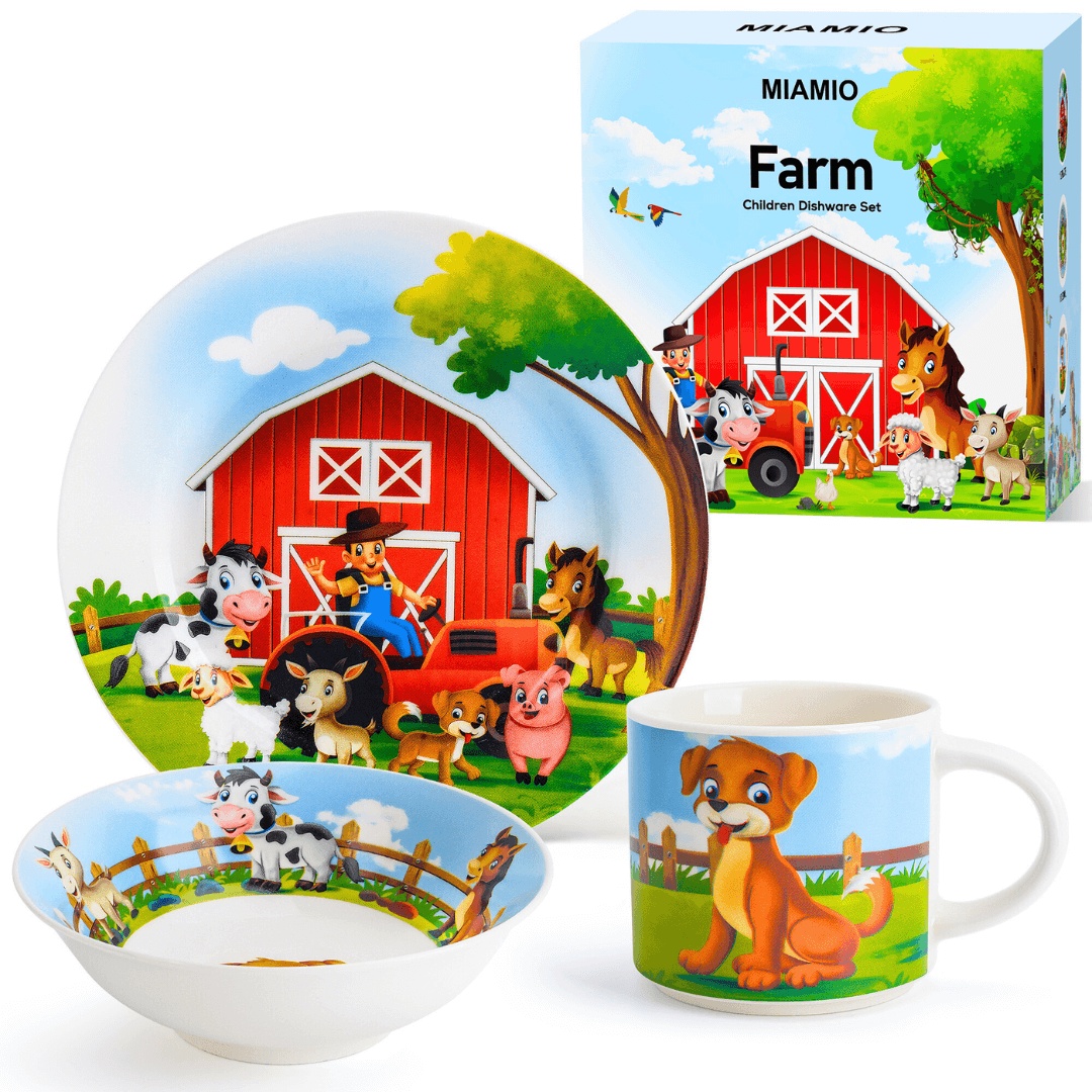 Set vesela pentru copii, colectia Farm, farfurie 18cm, bol 380ml, cana 280ml, 3 piese ceramica