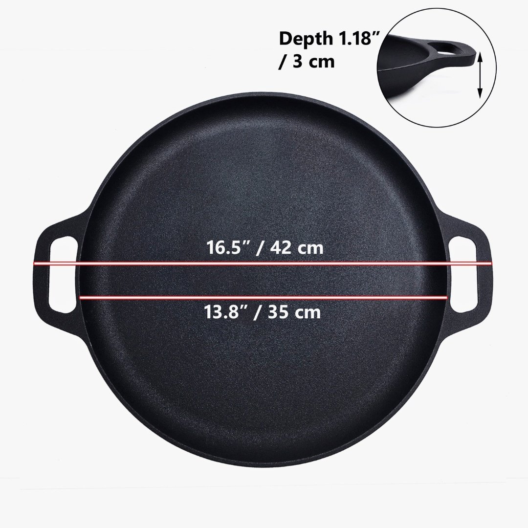 Tava din fonta pentru copt pizza, Crucible Cookware, tip plita pre-asezonata, diametru 35 cm, 2 suporturi din silicon termorezistent si racleta pentru curatare incluse - 2 | YEO