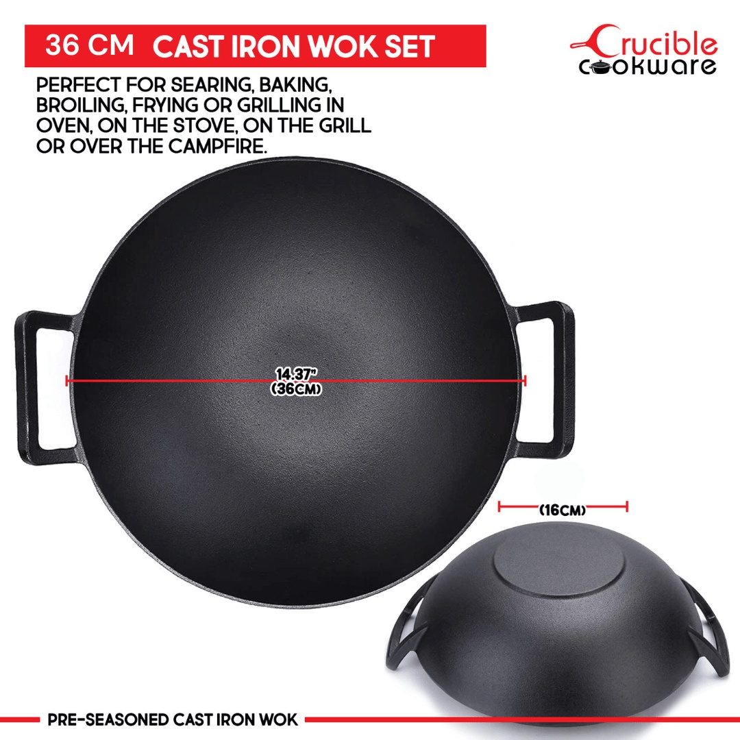 Tigaie Wok din fonta pre-asezonata, Crucible Cookware, 6.5L, capac din sticla 36 cm, manere cu 2 suporturi din silicon si racleta de curatare incluse - 2 | YEO