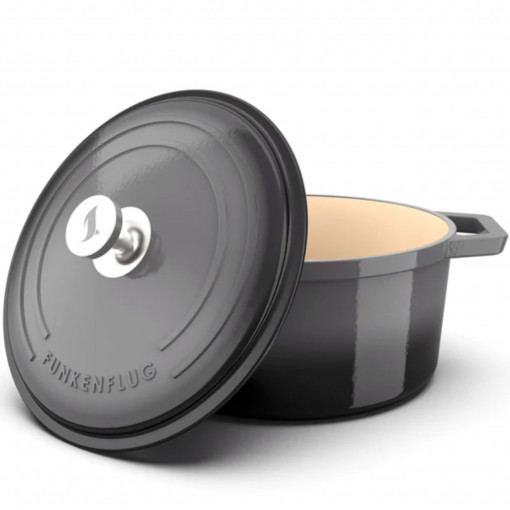 Ceaun din fonta emailata, Funkenflug, tip cuptor olandez, cu capac 26 cm, volum 5 l, antiaderent, gri, e-book cu retete inclus