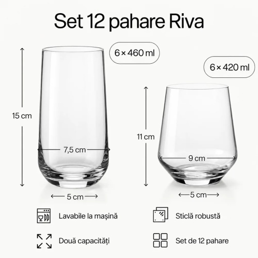 Dimensiuni pahare Riva: 460 ml, 15 cm, diametru 7,5 cm; 420 ml, 11 cm, diametru 9 cm