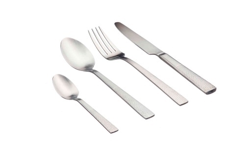 Set 24 Tacamuri inox FINN, 6 persoane, 6 x Cutite, 6 x Linguri, 6 x Furculite, 6 x Lingurite, Otel inoxidabil, textura ciocanita, Argintiu mat