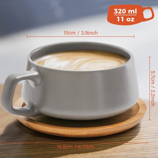 Set 4 Cesti de cappuccino cu farfurie din bambus, colectia Luxe, ceramica, gri, 320 ml