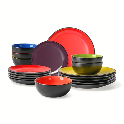 Serviciu de masa 6 persoane, set 18 piese, colectia Le Papillon, 6 x Boluri, 6 x Farfurii intinse mari, 6 x Farfurii intinse medii, ceramica, multicolor
