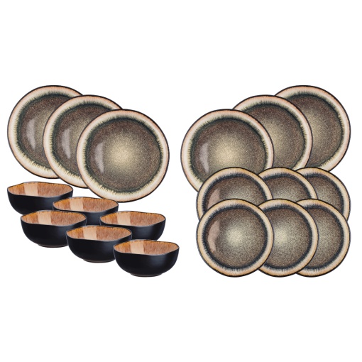 Serviciu de masa 6 persoane, set Esential 18 piese, colectia Iris, Boluri/Farfurii intinse, ceramica glazurata, castaniu Wild