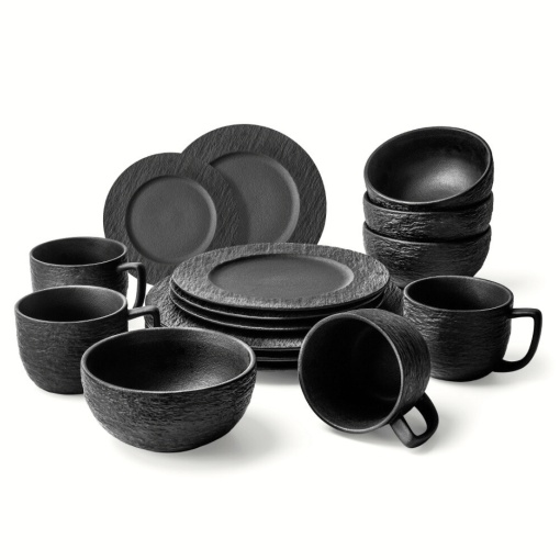 Serviciu de masa 4 persoane, set complet 16 piese, colectia Oasis, 4 x Cani, 4 x Boluri, 4 x Farfurii intinse mari, 4 x Farfurii intinse medii, ceramica, negru