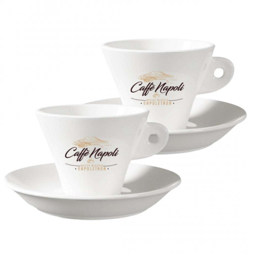 Set 2 Cesti cafea Cappucino cu farfurie, Caffé Napoli, 4 piese, portelan, alb, 180 ml