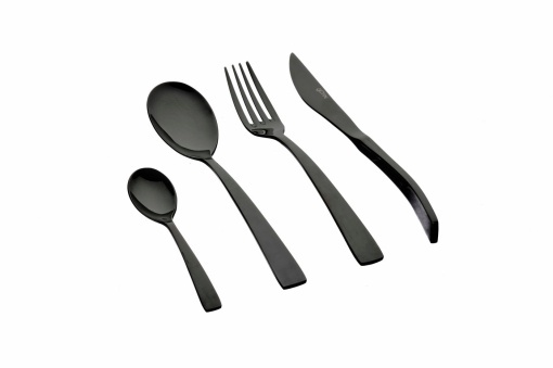 Set 24 Tacamuri inox OGLU, 6 persoane, 6 x Cutite, 6 x Linguri, 6 x Furculite, 6 x Lingurite, Otel inoxidabil, design ergonomic modern, Negru lucios