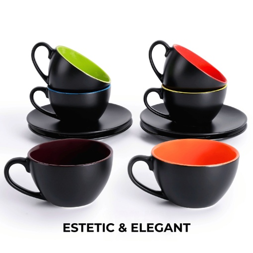 Set 6 Cesti de cappuccino cu farfurie, colectia Le Papillon, ceramica, multicolor, 175 ml