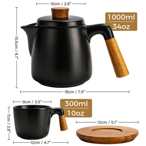 Set Ceainic cu infuzor si 4 Cesti pentru ceai, cu farfurii din bambus, 1L, 4 cani x 300ml, ceramica, negru