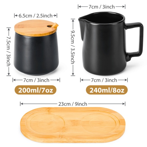 Set Latiera si Zaharnita cu tava de servire cafea, recipient lapte 240ml, recipient zahar 200ml cu capac si lingurita, ceramica, negru