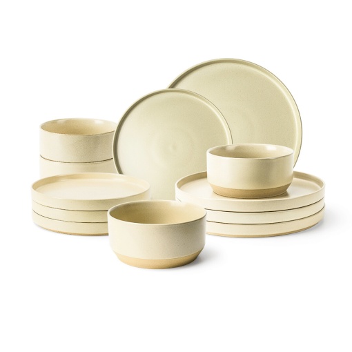 Serviciu de masa 4 persoane, set complet 12 piese, colectia Sierra, Boluri, Farfurii intinse, ceramica, bej nisip