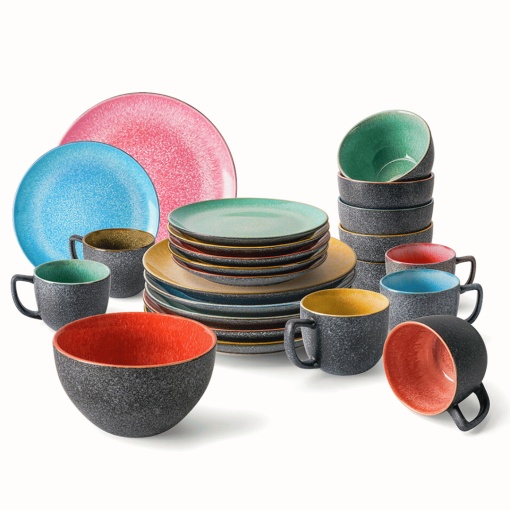 Serviciu de masa 6 persoane, set complet 24 piese, colectia Las Palmitas, 6 x Cani, 6 x Boluri, 6 x Farfurii intinse mari, 6 x Farfurii intinse medii, ceramica, multicolor