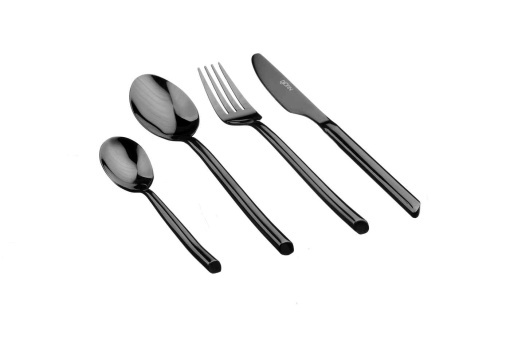 Set 24 Tacamuri inox KNUT, 6 persoane, 6 x Cutite, 6 x Linguri, 6 x Furculite, 6 x Lingurite, Otel inoxidabil, curbe asimetrice, Negru lucios