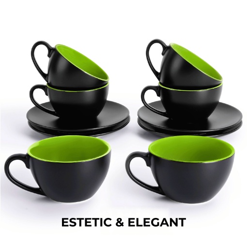 Set 6 Cesti de cappuccino cu farfurie, colectia Le Papillon, ceramica, verde, 175 ml