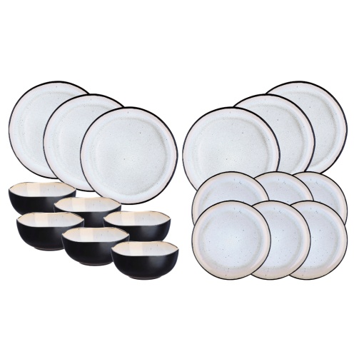 Serviciu de masa 6 persoane, set Esential 18 piese, colectia Iris, Boluri/Farfurii intinse, ceramica glazurata, alb Ivory
