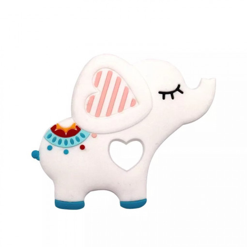 Jucarie pentru dentitie Babynio, din silicon alimentar pentru bebelusi, in forma de elefantica, alb