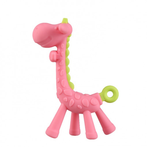 Jucarie pentru dentitie Babynio, in forma de girafa, din silicon alimentar, fara BPA, roz