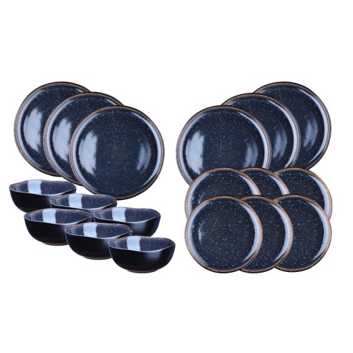 Serviciu de masa 6 persoane, set Esential 18 piese, colectia Iris, 6 x Boluri, 6 x Farfurii intinse mari, 6 x Farfuri intinse medii, ceramica glazurata, albastru Night