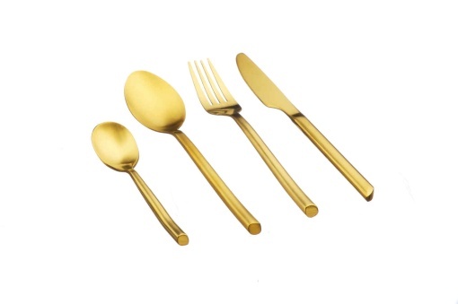Set 24 Tacamuri inox KNUT, 6 persoane, 6 x Cutite, 6 x Linguri, 6 x Furculite, 6 x Lingurite, Otel inoxidabil, curbe asimetrice, Auriu mat