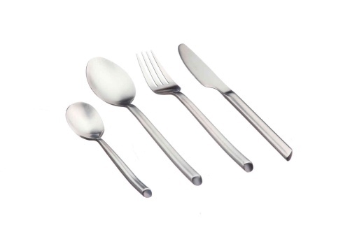 Set 24 Tacamuri inox KNUT, 6 persoane, 6 x Cutite, 6 x Linguri, 6 x Furculite, 6 x Lingurite, Otel inoxidabil, curbe asimetrice, Argintiu mat