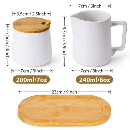 Set Zaharnita si latiera cu tava de servire cafea, cana lapte 240ml, recipient zahar 200ml cu capac si lingurita, ceramica, alb