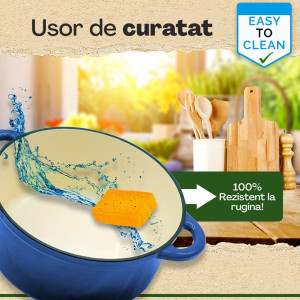 Ceaun din fonta emailata, Funkenflug, tip cuptor olandez, cu capac 26 cm, volum 5 l, antiaderent, albastru, e-book cu retete inclus