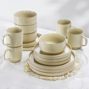 Serviciu de masa 4 persoane, set complet 16 piese, colectia Sierra, Cani, Boluri, Farfurii intinse, ceramica, bej nisip - Img 4