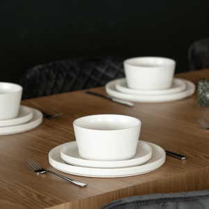 Serviciu de masă Luxe MIAMIO, 16 piese pentru 4 persoane – Farfurii, Boluri și Cești cappuccino, ceramică albă - Img 2