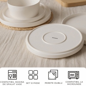 Serviciu de masa pentru 4 persoane, Set 12 piese Luxe, Boluri, Farfurii intinse, ceramica, alb - Img 5