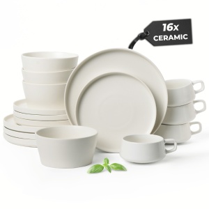 Serviciu de masa pentru 4 persoane, Set complet 16 piese Luxe, Cesti, Boluri, Farfurii intinse, ceramica, alb