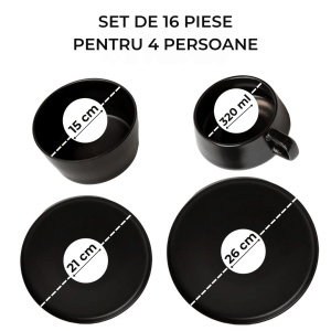 Serviciu de masa pentru 4 persoane, Set complet 16 piese Luxe, Cesti, Boluri, Farfurii intinse, ceramica, negru - Img 2