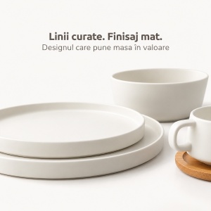 Serviciu de masa pentru 4 persoane, Set complet 16 piese Luxe, Cesti, Boluri, Farfurii intinse, ceramica, alb - Img 5
