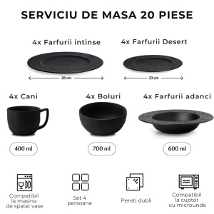 Serviciu de masa pentru 4 persoane, Set complet 20 piese Oasis, Cani, Boluri, Farfurii intinse/adanci, ceramica, negru - Img 2