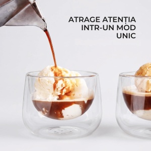 Set 2 pahare cappuccino Lagoa, perete dublu, sticlă borosilicată, suport bambus, 180 ml - Img 6