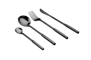 Set 24 Tacamuri inox ABEL, 6 persoane, 6 x Cutite, 6 x Linguri, 6 x Furculite, 6 x Lingurite, Otel inoxidabil, design modern, Negru lucios - Img 1