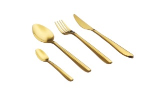 Set 24 Tacamuri inox OLAF, 6 persoane, 6 x Cutite, 6 x Linguri, 6 x Furculite, 6 x Lingurite, Otel inoxidabil, design rafinat, Auriu mat - Img 1