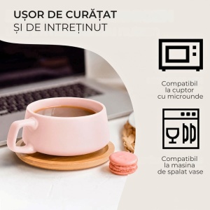 Set 4 Cesti de cappuccino cu farfurie din bambus, colectia Luxe, ceramica, Cream Rose, 320 ml - Img 4