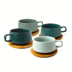 Set 4 Cesti de cappuccino cu farfurie din bambus, colectia Luxe, ceramica, Evergreen, 320 ml
