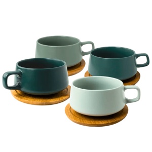Set 4 Cesti de cappuccino cu farfurie din bambus, colectia Luxe, ceramica, Evergreen, 320 ml