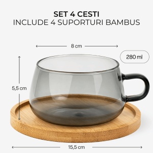 Set 4 Pahare de ceai cu farfurie din bambus, colectia Olea, sticla, gri transparent, 280 ml - Img 2