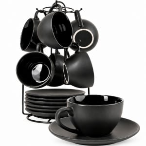 Set 6 Cesti de cappuccino cu farfurioara, Le Papillon Black, ceramica, 175 ml