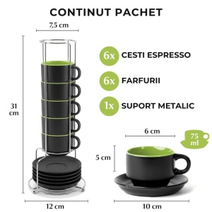 Set 6 Cesti de espresso cu farfurie, colectia Le Papillon, ceramica, verde, 75 ml - Img 2