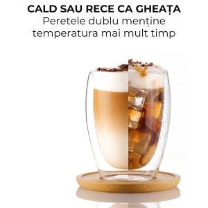 Set 6 Pahare Cappuccino Perete dublu, Sticla borosilicata, fara Toarta, cu Suport din Bambus, 350ml - Img 7