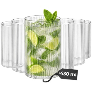 Set 6 Pahare Senita pentru apa si long drink, sticla cu caneluri, H 12 cm, 430 ml