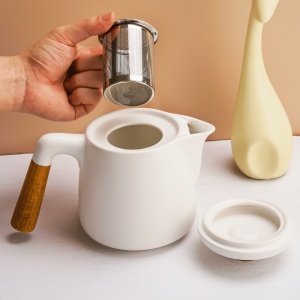 Set Ceainic cu infuzor si 4 Cesti pentru ceai, cu farfurii din bambus, 1000ml, 4x300ml, ceramica, alb - Img 3
